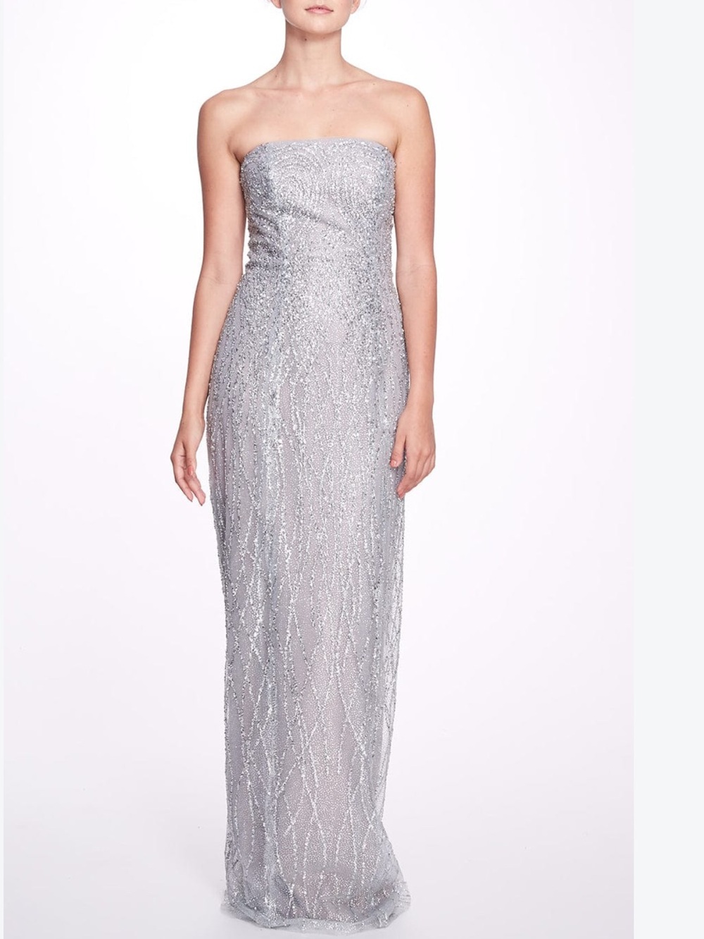 Marchesa Notte Sequin Column Gown Strapless Silver Sequin Maxi Dress Size 4